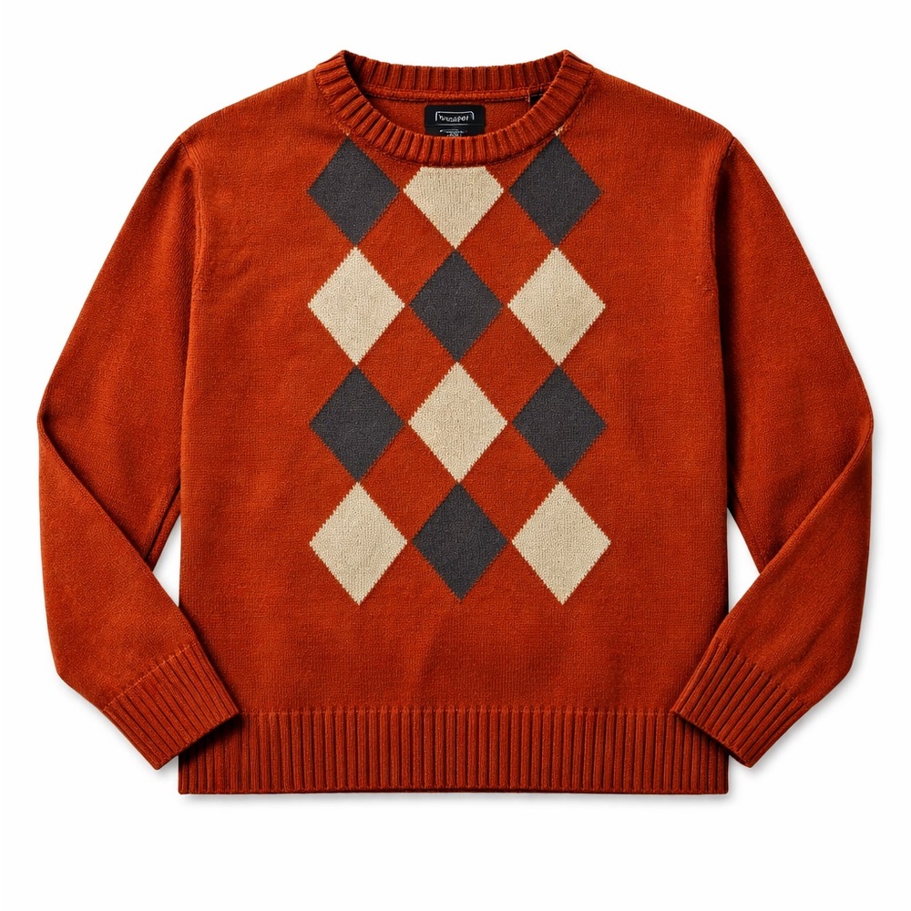 Haggar Dark Orange Argyle Men’s Crewneck Sweater, large